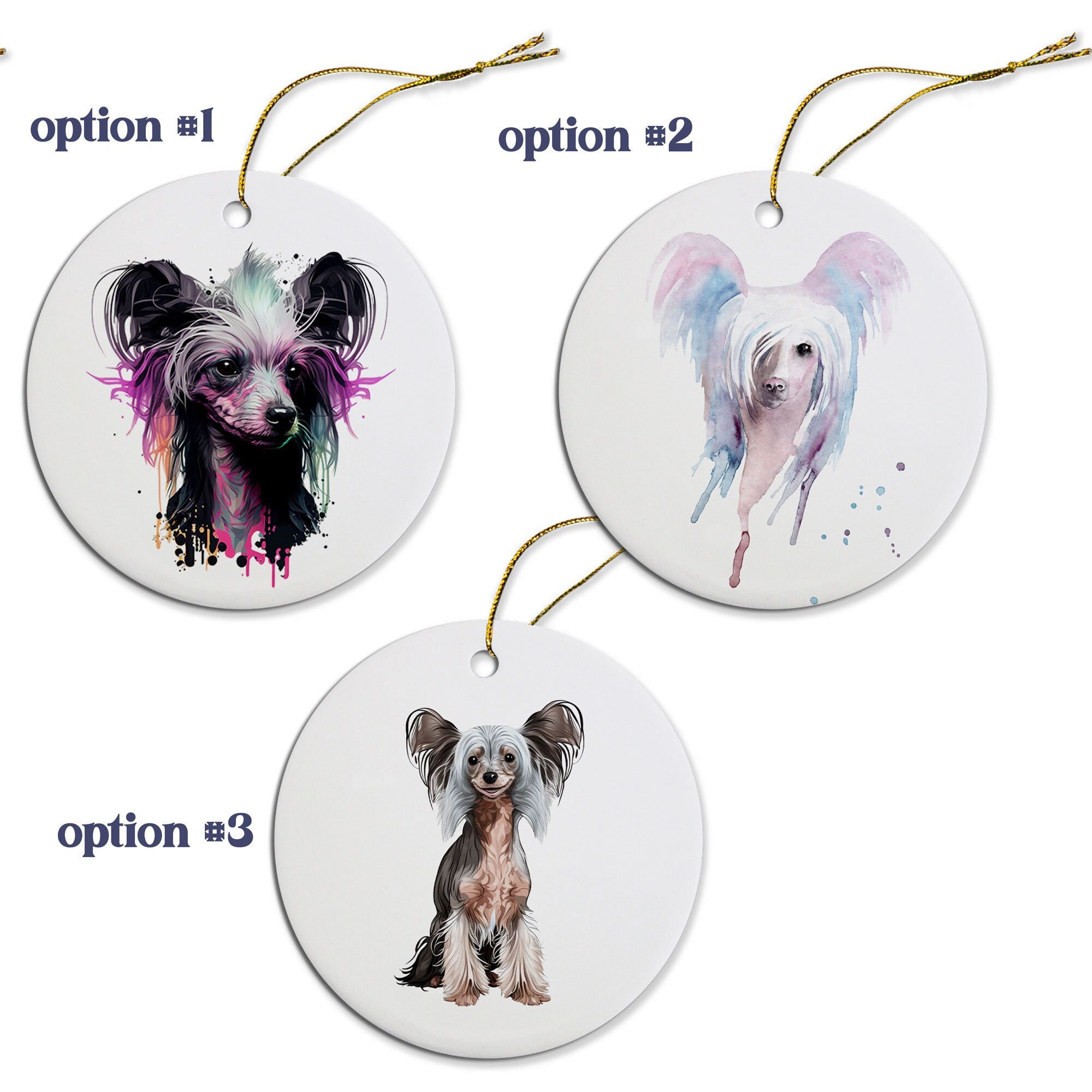 Ceramic round Christmas ornament featuring a Chinese Crested dog design with a golden string.