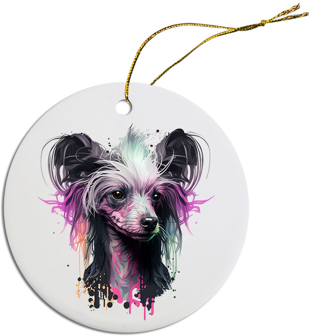 Ceramic round Christmas ornament featuring a Chinese Crested dog design with a golden string.