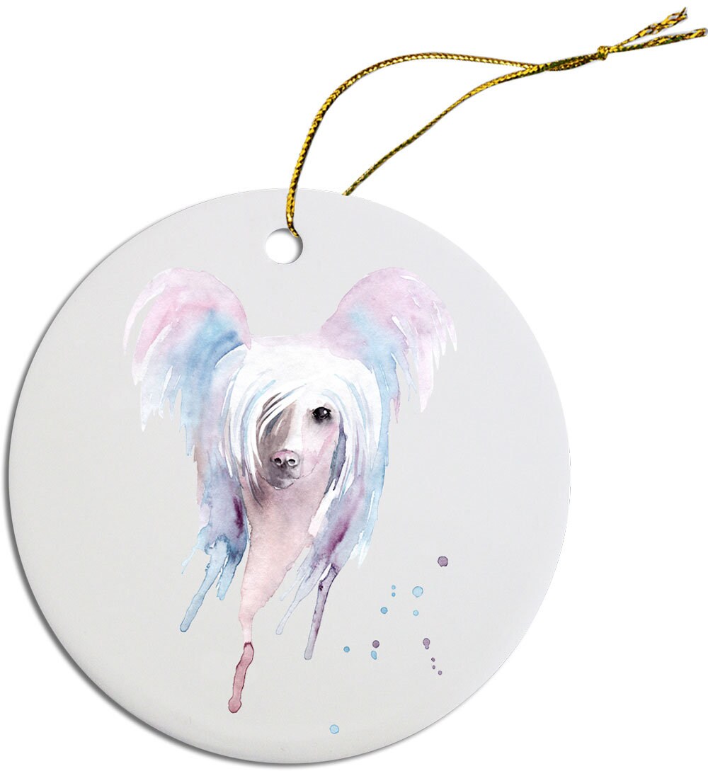 Ceramic round Christmas ornament featuring a Chinese Crested dog design with a golden string.