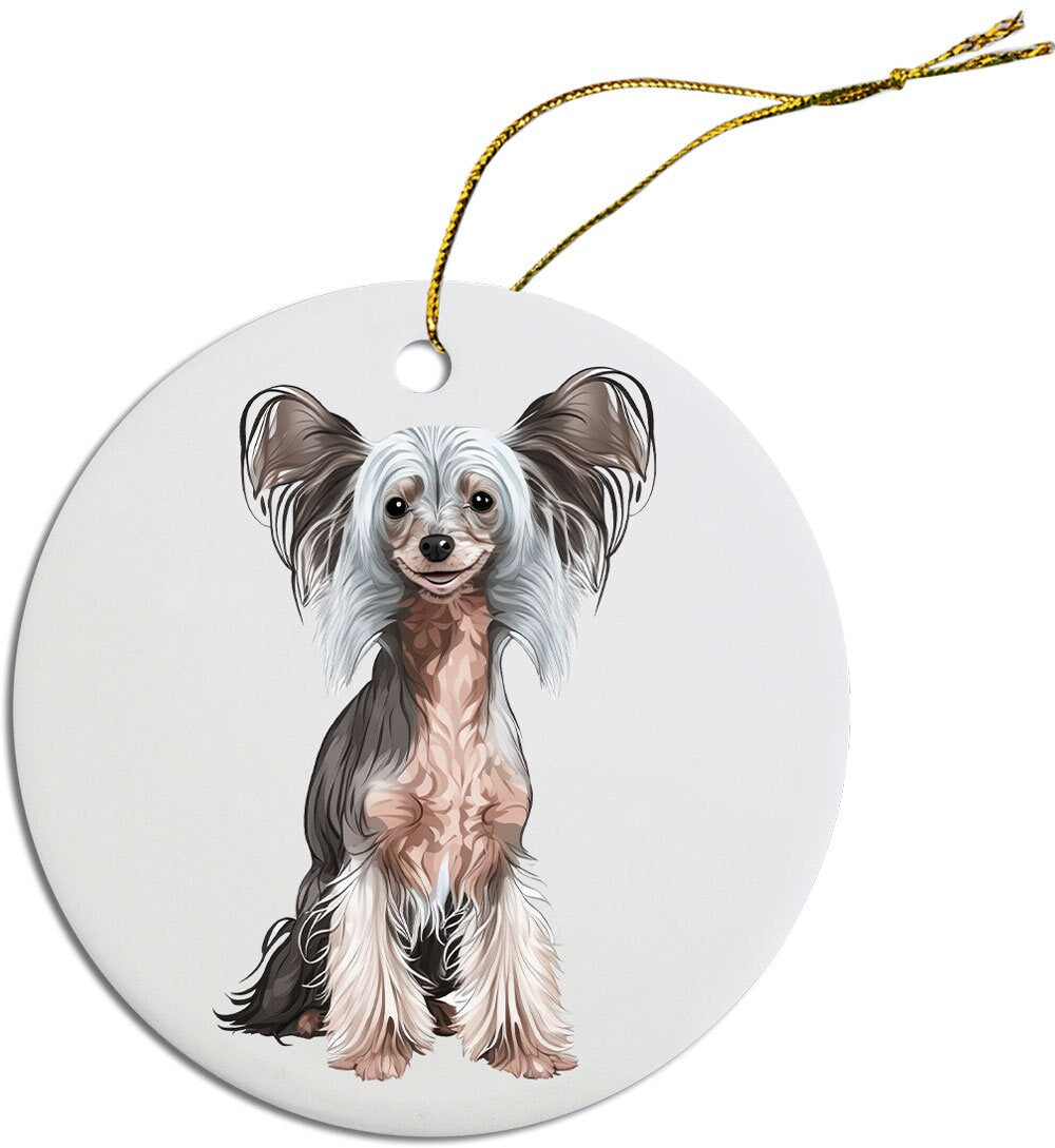 Ceramic round Christmas ornament featuring a Chinese Crested dog design with a golden string.