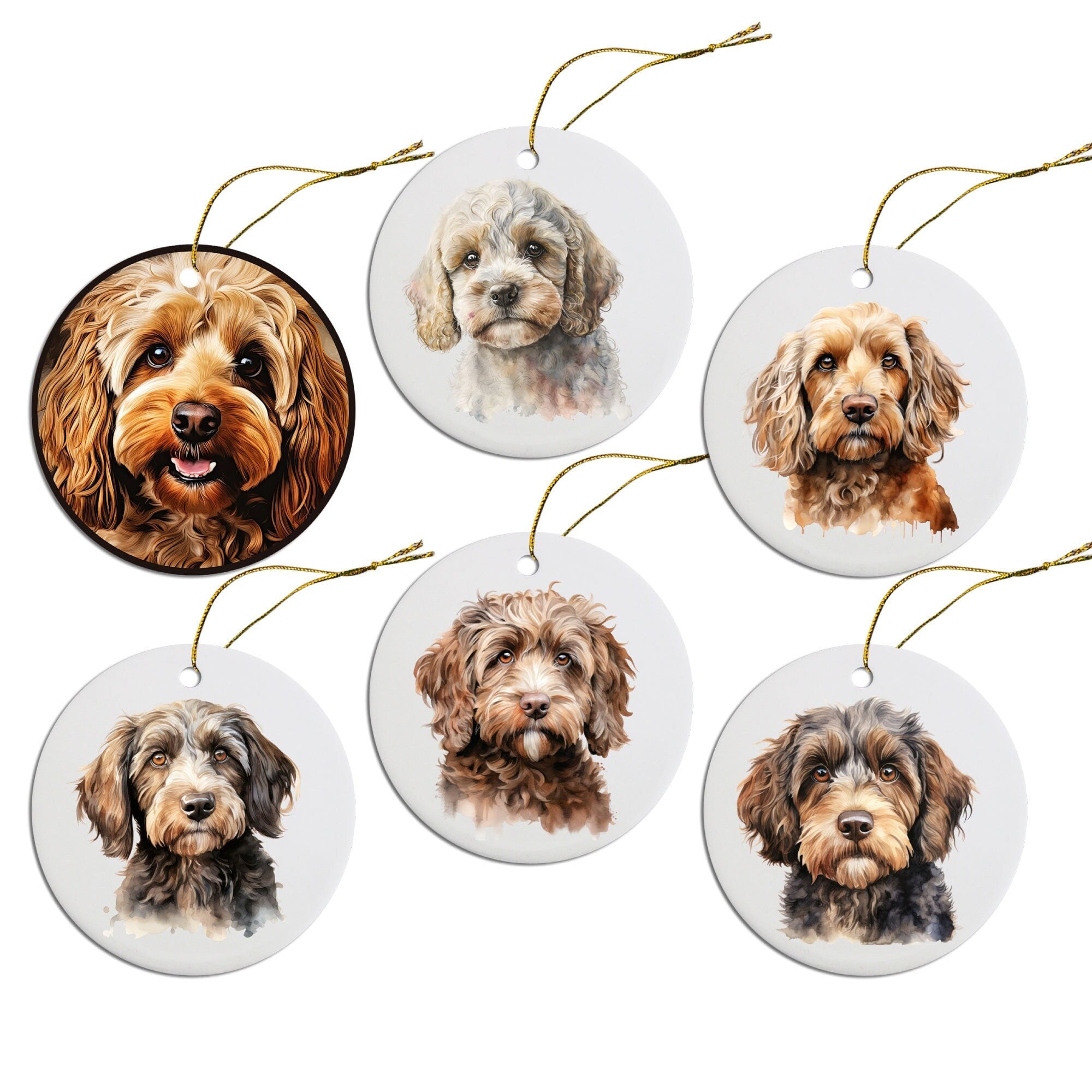 Ceramic round Christmas ornament featuring a Cockapoo design with a golden string for hanging.