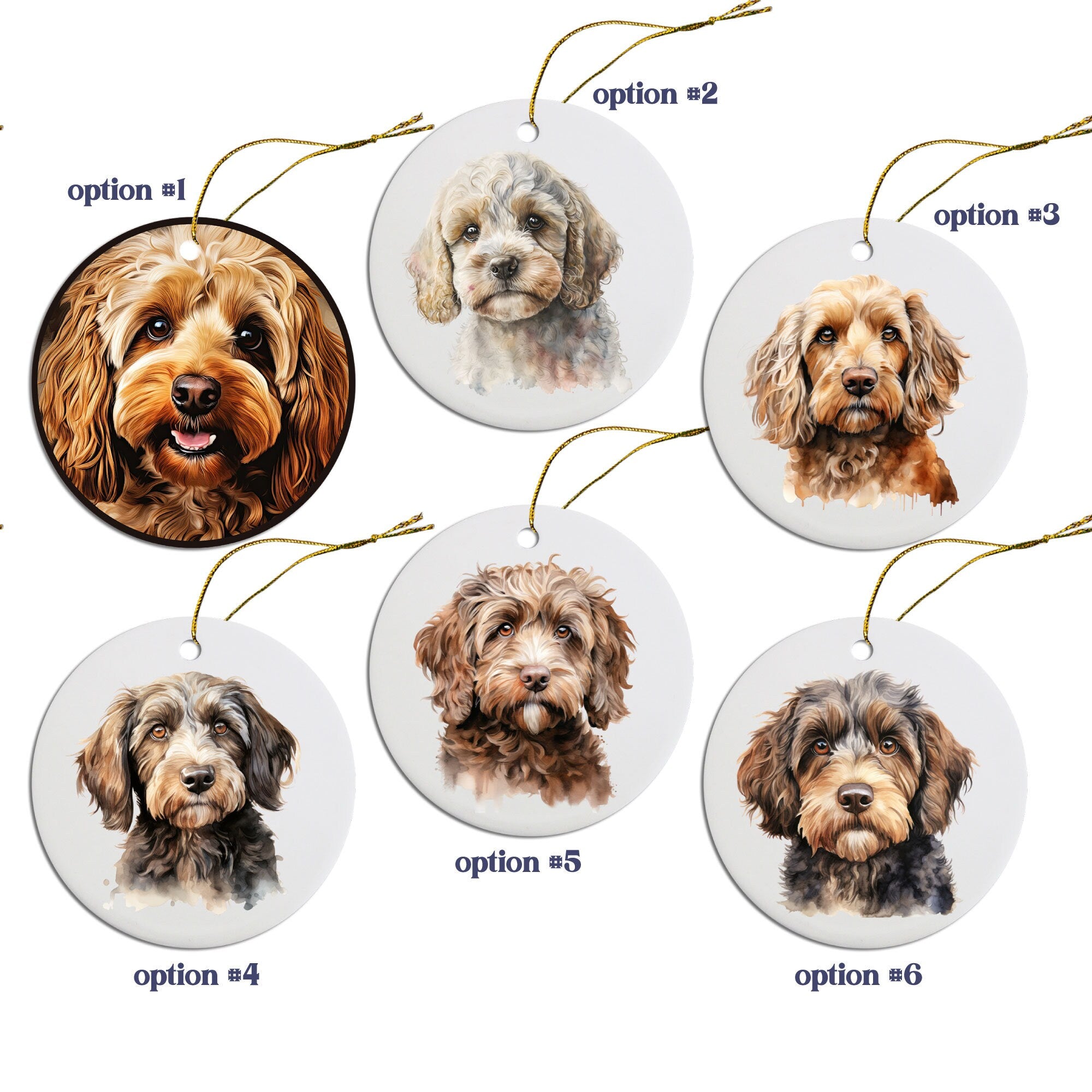 Ceramic round Christmas ornament featuring a Cockapoo design with a golden string for hanging.