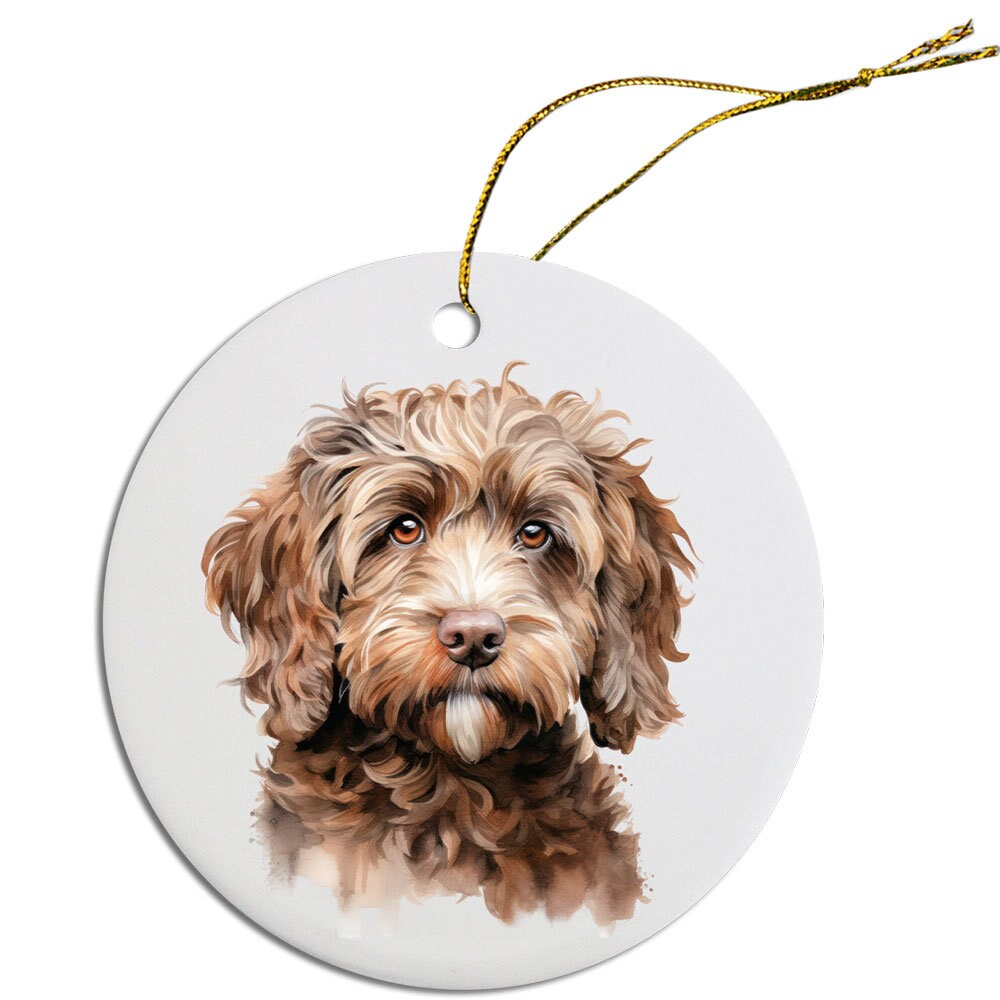 Ceramic round Christmas ornament featuring a Cockapoo design with a golden string for hanging.