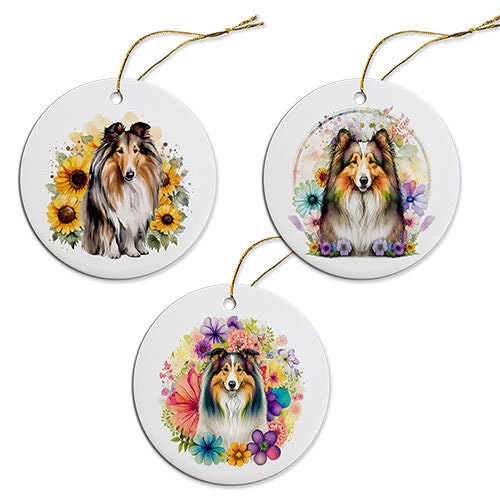 Ceramic round Christmas ornament featuring a Collie design with a golden string for hanging.