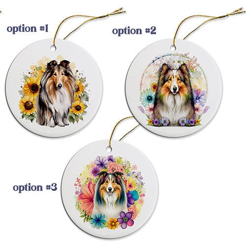 Ceramic round Christmas ornament featuring a Collie design with a golden string for hanging.