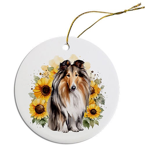 Ceramic round Christmas ornament featuring a Collie design with a golden string for hanging.