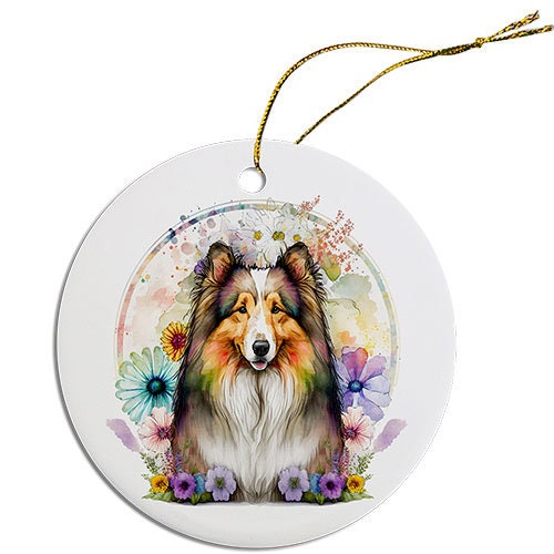 Ceramic round Christmas ornament featuring a Collie design with a golden string for hanging.