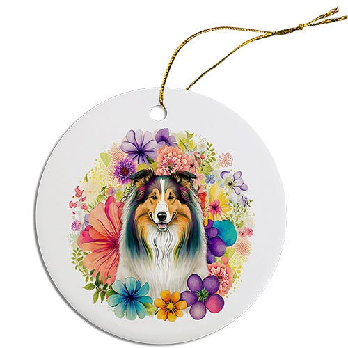 Ceramic round Christmas ornament featuring a Collie design with a golden string for hanging.