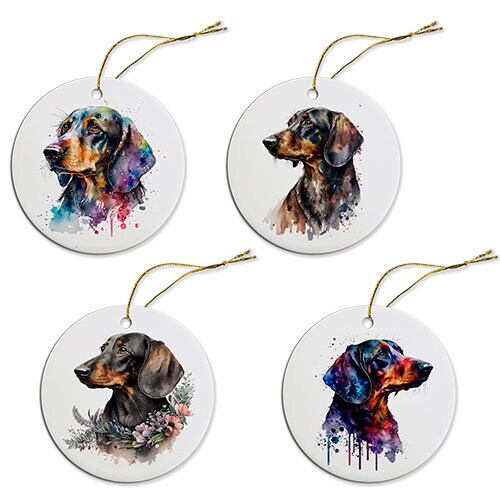 Ceramic round Christmas ornament featuring a Dachshund design with a golden string.