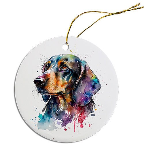 Ceramic round Christmas ornament featuring a Dachshund design with a golden string.