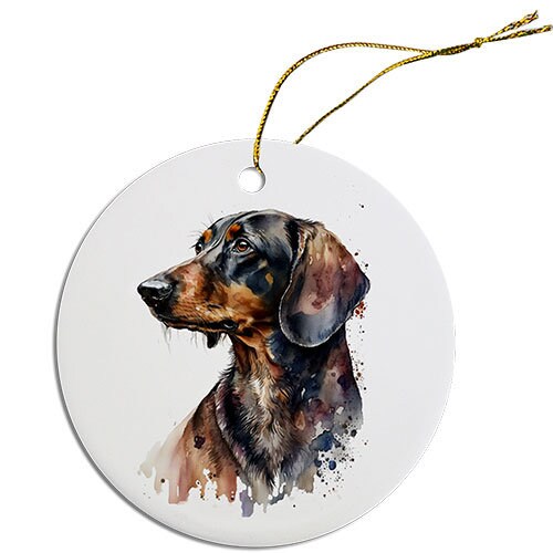 Ceramic round Christmas ornament featuring a Dachshund design with a golden string.
