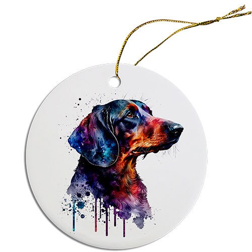 Ceramic round Christmas ornament featuring a Dachshund design with a golden string.