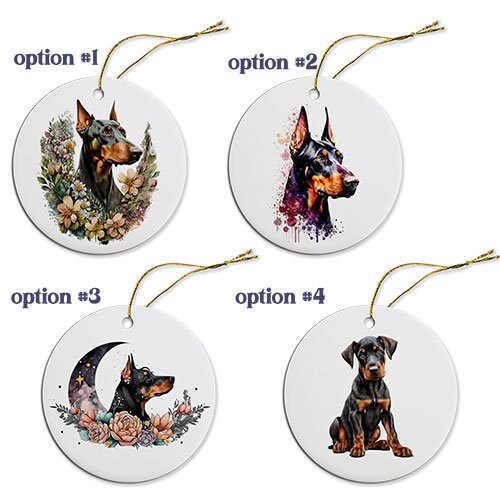 Ceramic round Christmas ornament featuring a Doberman design with a golden string for hanging.