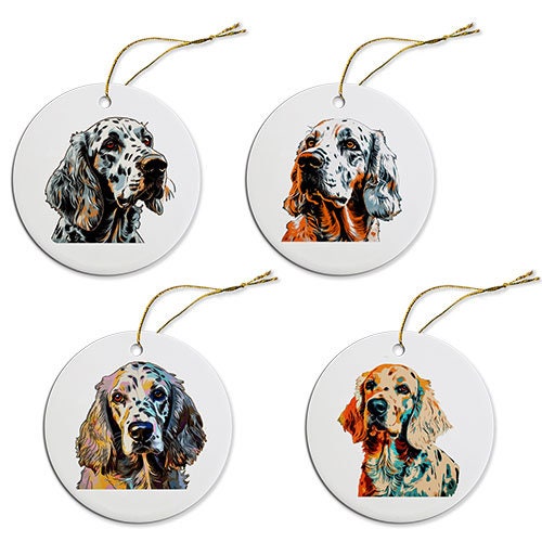 Ceramic round Christmas ornament featuring an English Setter dog design with a golden string.