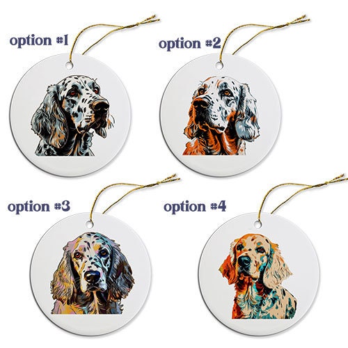 Ceramic round Christmas ornament featuring an English Setter dog design with a golden string.