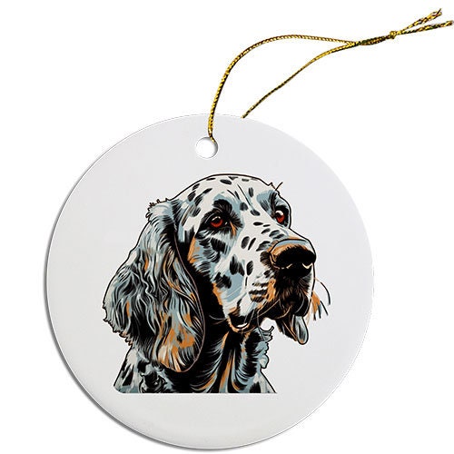 Ceramic round Christmas ornament featuring an English Setter dog design with a golden string.