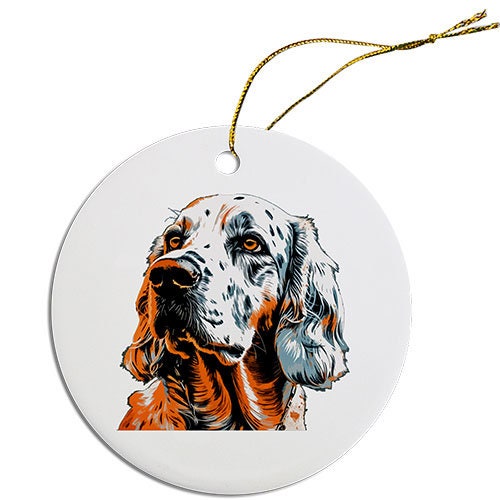 Ceramic round Christmas ornament featuring an English Setter dog design with a golden string.