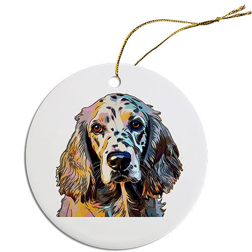 Ceramic round Christmas ornament featuring an English Setter dog design with a golden string.