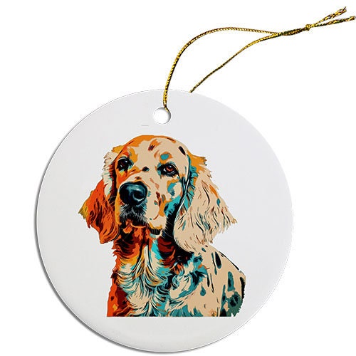 Ceramic round Christmas ornament featuring an English Setter dog design with a golden string.