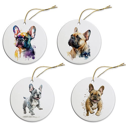 Ceramic round Christmas ornament featuring a French Bulldog design with a golden string.