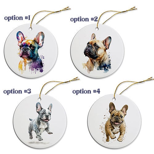 Ceramic round Christmas ornament featuring a French Bulldog design with a golden string.