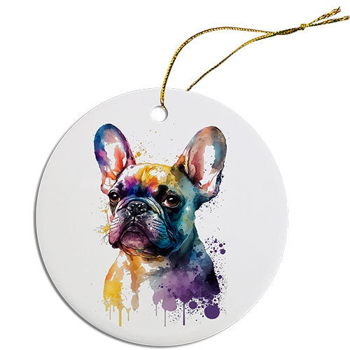 Ceramic round Christmas ornament featuring a French Bulldog design with a golden string.