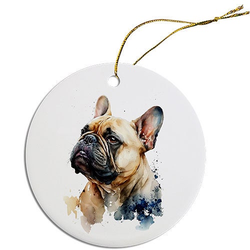 Ceramic round Christmas ornament featuring a French Bulldog design with a golden string.