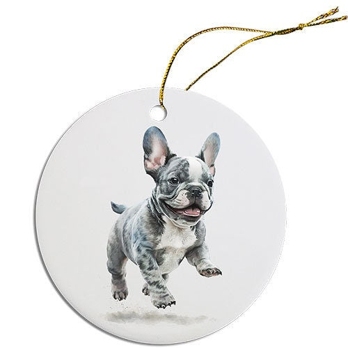 Ceramic round Christmas ornament featuring a French Bulldog design with a golden string.
