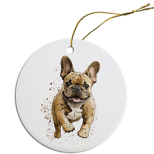 Ceramic round Christmas ornament featuring a French Bulldog design with a golden string.