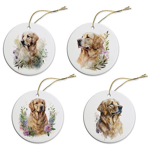 Ceramic round Christmas ornament featuring a Golden Retriever design with a golden string.