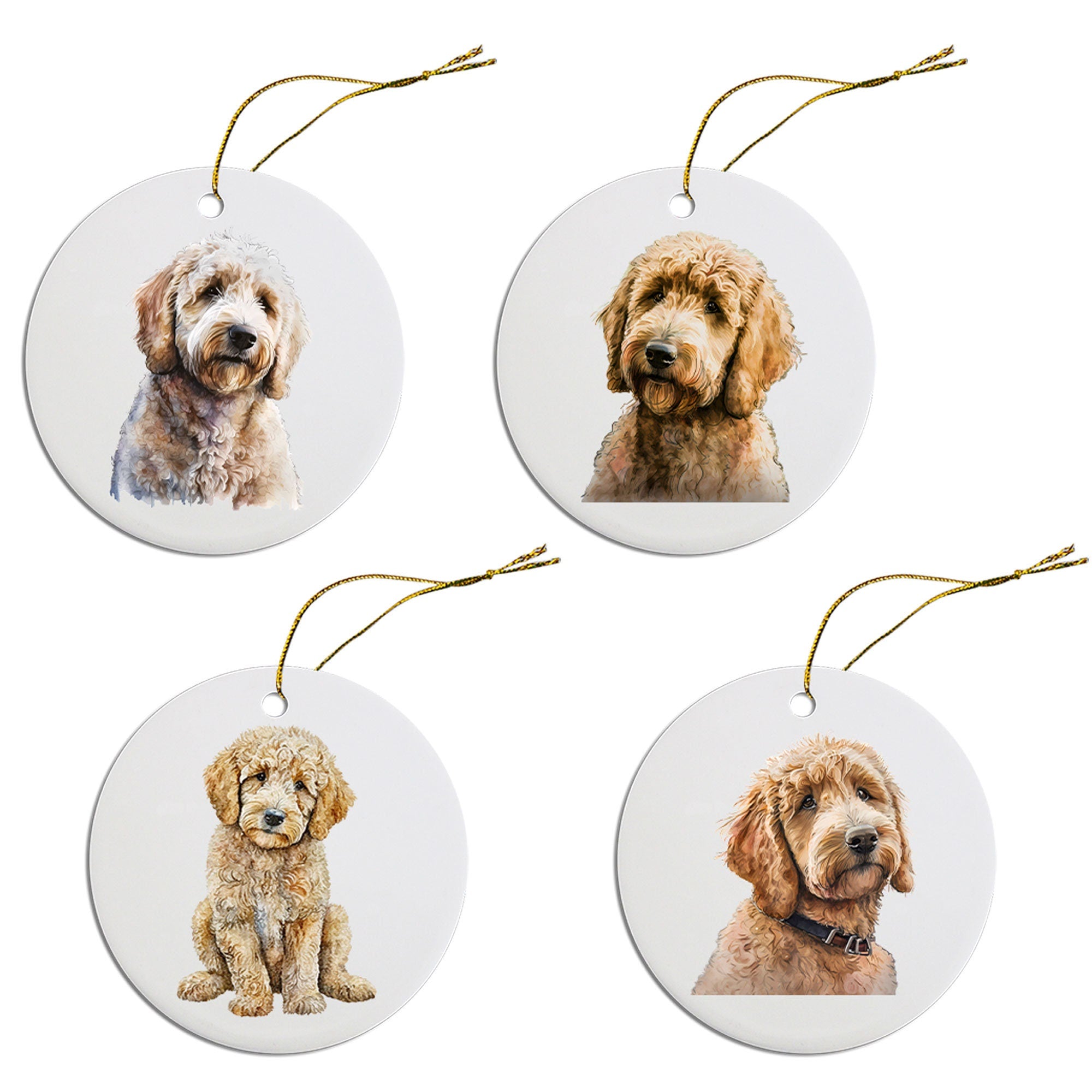 Ceramic round Christmas ornament featuring a Goldendoodle design with a golden string for hanging.