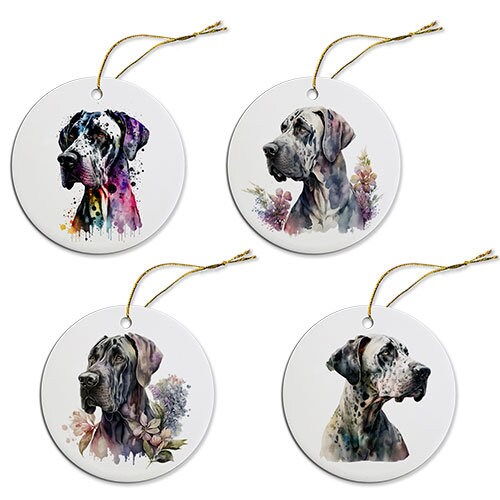 Ceramic round Christmas ornament featuring a Great Dane design with a golden string for hanging.
