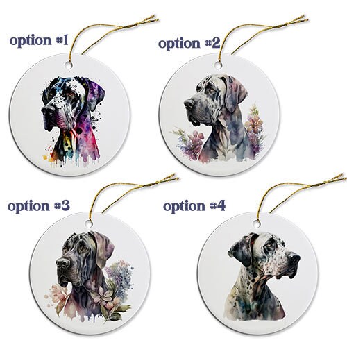 Ceramic round Christmas ornament featuring a Great Dane design with a golden string for hanging.
