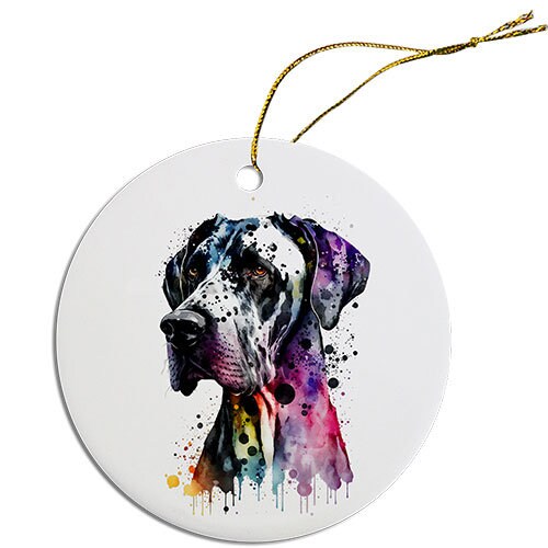 Ceramic round Christmas ornament featuring a Great Dane design with a golden string for hanging.