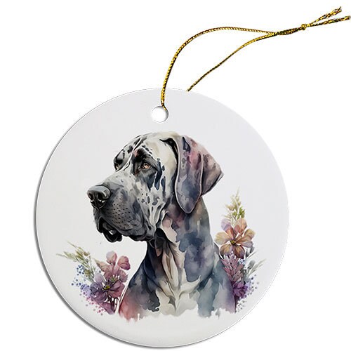 Ceramic round Christmas ornament featuring a Great Dane design with a golden string for hanging.