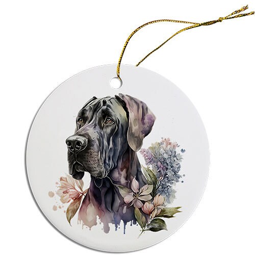 Ceramic round Christmas ornament featuring a Great Dane design with a golden string for hanging.