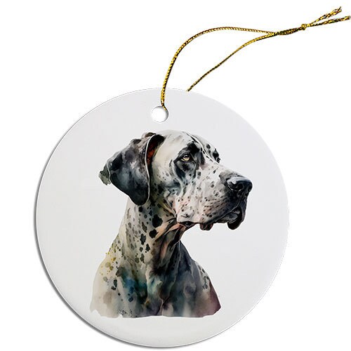 Ceramic round Christmas ornament featuring a Great Dane design with a golden string for hanging.