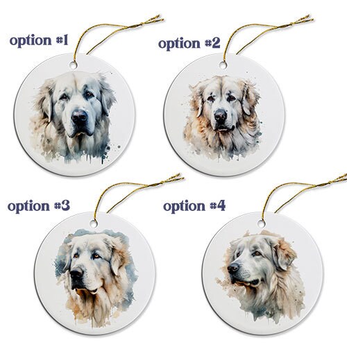 Ceramic round Christmas ornament featuring a Great Pyrenees design with a golden string for hanging.