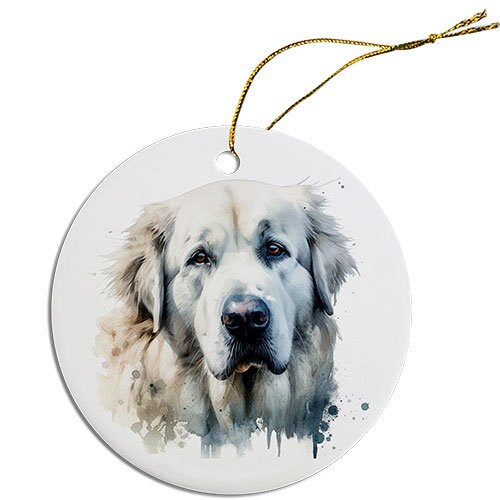 Ceramic round Christmas ornament featuring a Great Pyrenees design with a golden string for hanging.