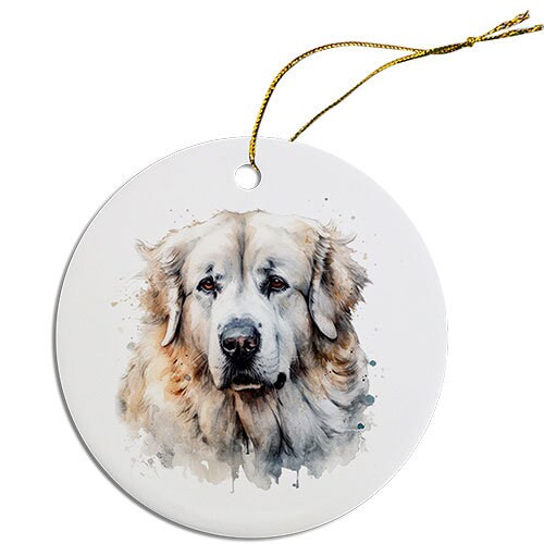 Ceramic round Christmas ornament featuring a Great Pyrenees design with a golden string for hanging.