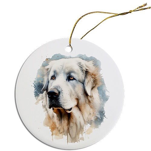 Ceramic round Christmas ornament featuring a Great Pyrenees design with a golden string for hanging.