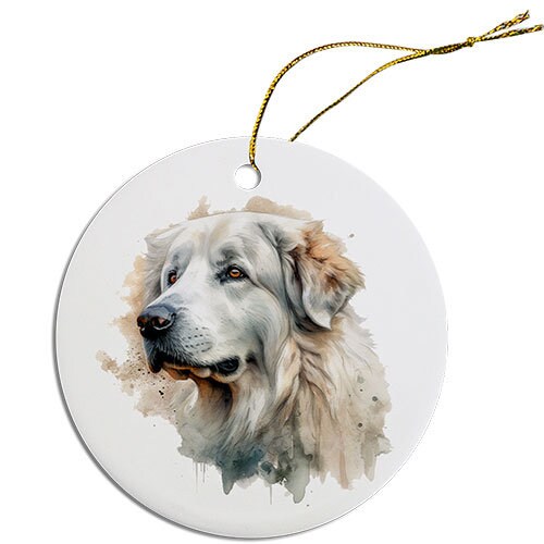 Ceramic round Christmas ornament featuring a Great Pyrenees design with a golden string for hanging.