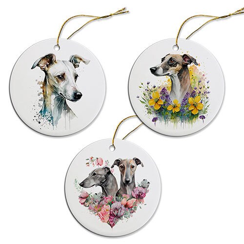 Ceramic round Christmas ornament featuring a Greyhound design with a golden string for hanging.