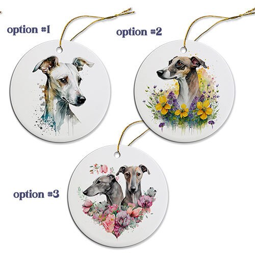 Ceramic round Christmas ornament featuring a Greyhound design with a golden string for hanging.