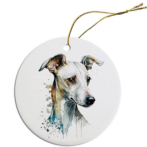 Ceramic round Christmas ornament featuring a Greyhound design with a golden string for hanging.