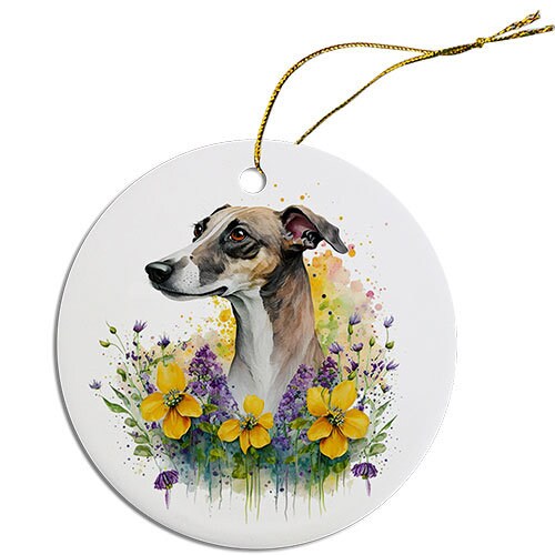 Ceramic round Christmas ornament featuring a Greyhound design with a golden string for hanging.