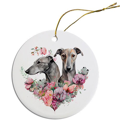 Ceramic round Christmas ornament featuring a Greyhound design with a golden string for hanging.