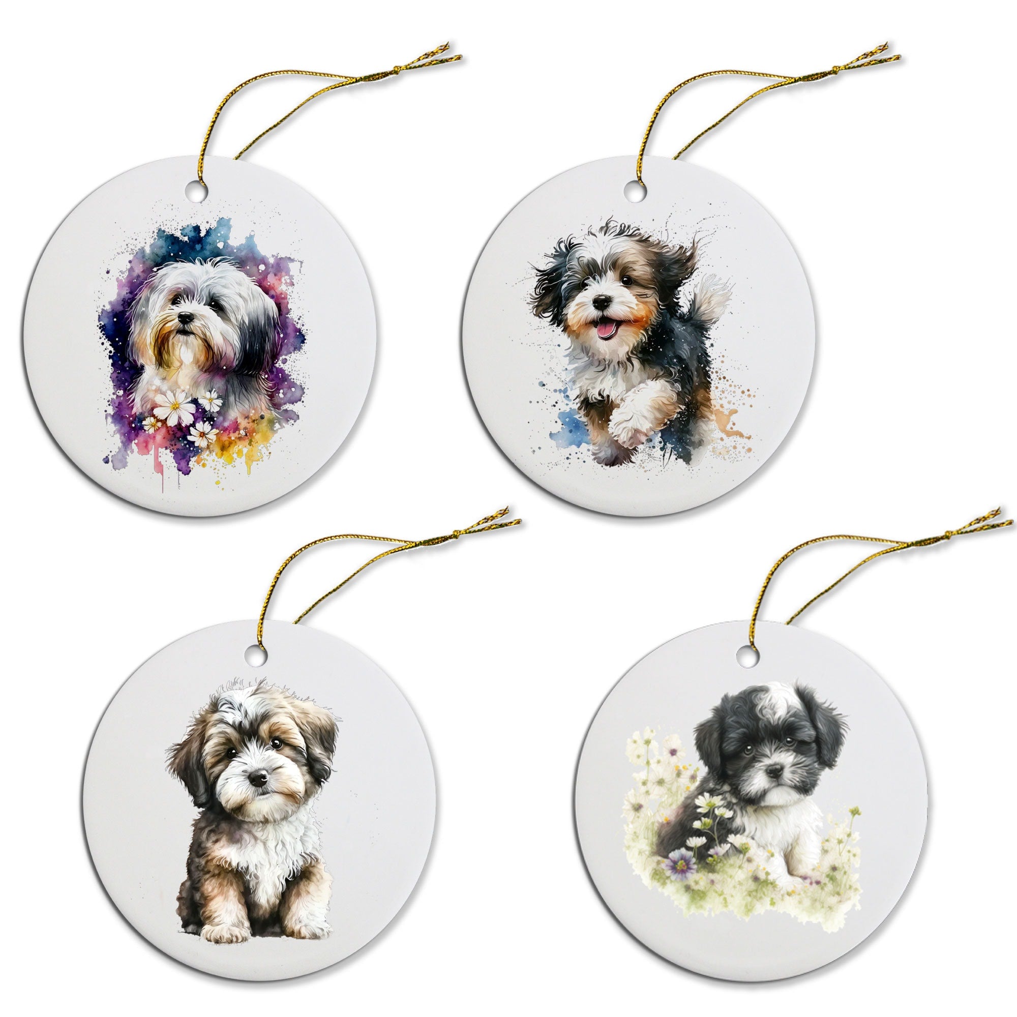 Ceramic round Christmas ornament featuring a Havanese dog design with a golden string for hanging.
