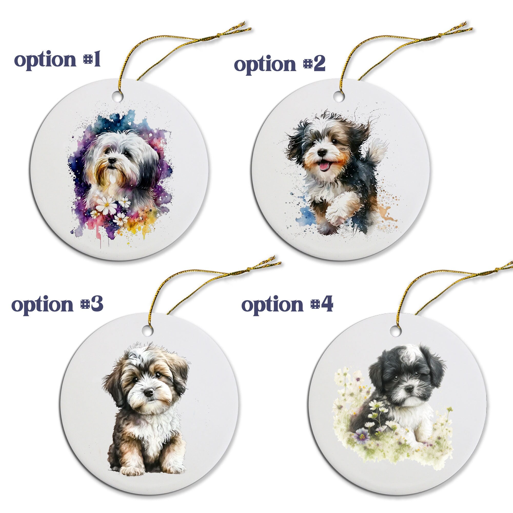 Ceramic round Christmas ornament featuring a Havanese dog design with a golden string for hanging.