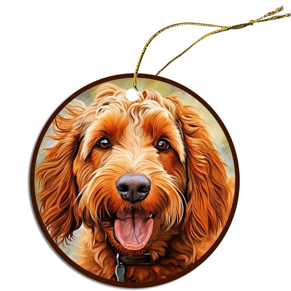 Ceramic round Christmas ornament featuring an Irish Doodle design with a golden string.